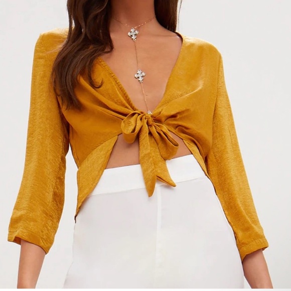 PrettyLittleThing Tops - PLT Satin Silky Tie Front Top Mustard Quarter Sleeve